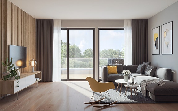 Kjekk stue i 2 etasje, utgang til balkong på begge sider av huset