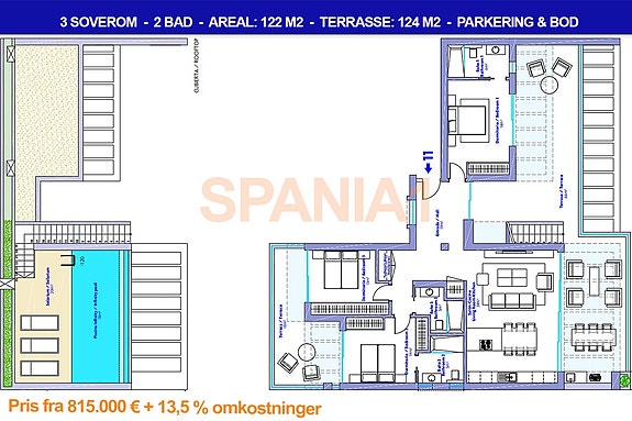 Plantegning penthouse med 3 soverom