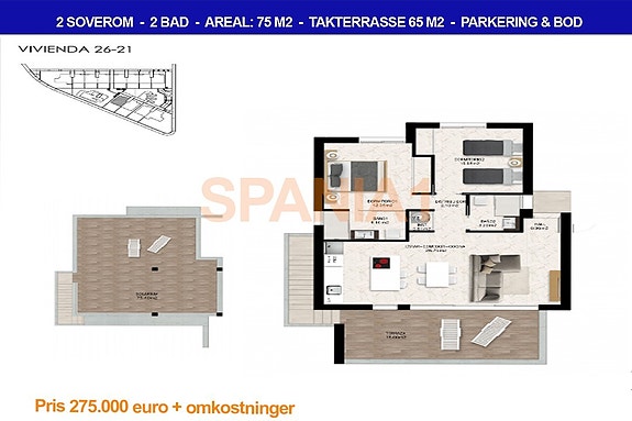 Det er også penthouse med takterrasse til salgs fra 269.000 euro.
