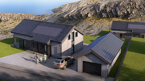 Vi har tilpasset hver hytte til hver tomt. Dette gir bl.a. sjøutsikt, gode solforhold og en fin skjerming for alle de siste
7 av de siste 14 tomtene i Sørlandsviga hyttegrend i Farsund.
Bildet viser tilvalg, bl.a. garasje med gjesteavdeling foran med my