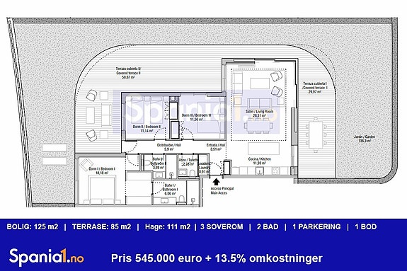 Plantegning for leilighet på bakkeplan med 3 soverom i samme prosjekt