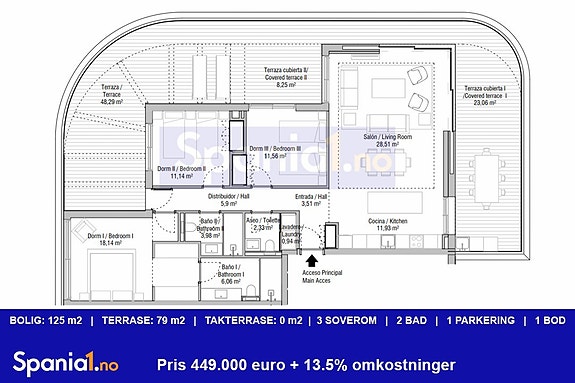 Plantegning for leilighet i mellom etasje med 3 soverom i samme prosjekt