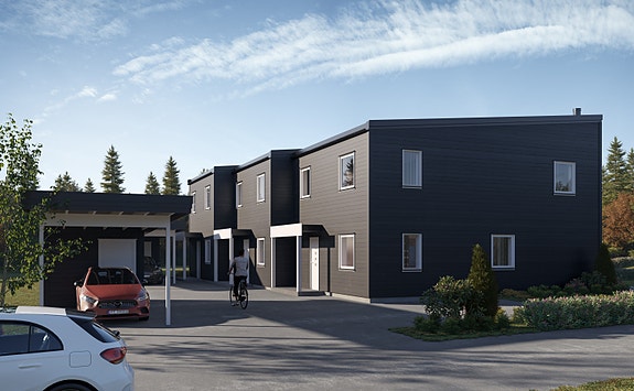 Seksjon nr. 1, er nærmast på bilde. Her ser du bustadane frå baksida der inngangspartiet er.
