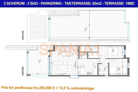 Plantegning for leilighet med takterrasse