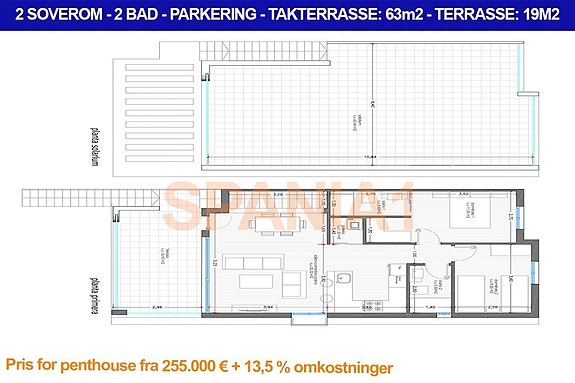 Plantegning for leilighet med takterrasse