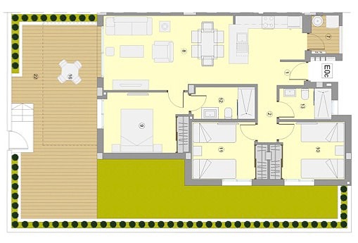Plantegning leilighet på bakkeplan med 3 soverom og 2 bad