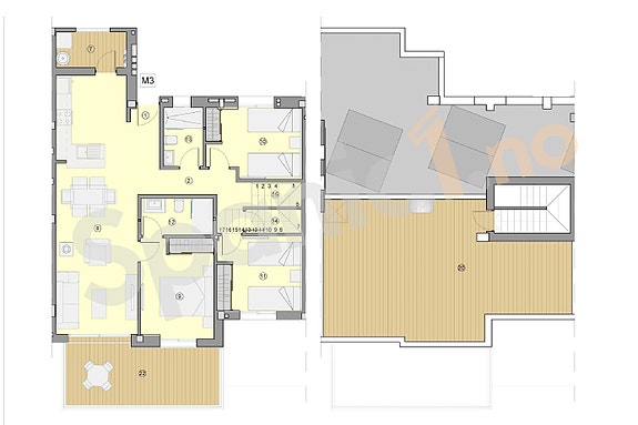 Plantegning leilighet med 3 soverom og 2 bad