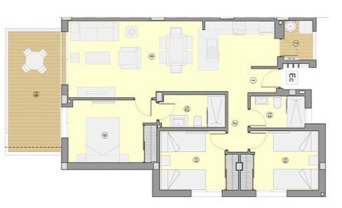 Plantegning leilighet med 3 soverom og 2 bad