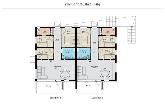 Planløysning leilegheit 3 og 4 oppe. Bl.a 3 soverom og store kjøkken. Begge er solgt.