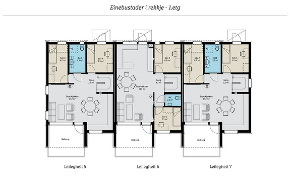 Planløysning øvste plan einebustadane i rekkje. Bad i begge etasjane i ende leilegheitene 5 & 7.