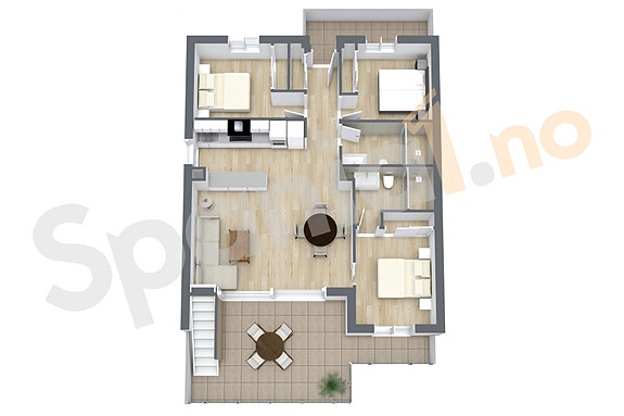 3D plantegning leilighet med 3 soverom