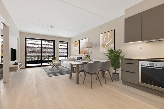 Oppholdssone med utgang til vestvendt balkong. Bildet er digitalstylet. Hvitevarer medfølger ikke.