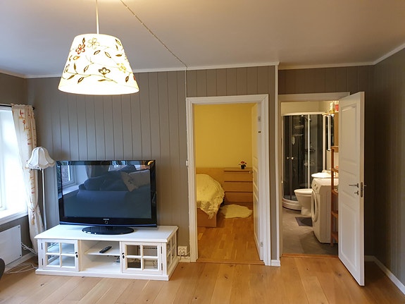 Stue med inngang til bad og soverom