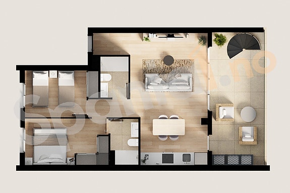 Skisse toppleilighet med 2 soverom