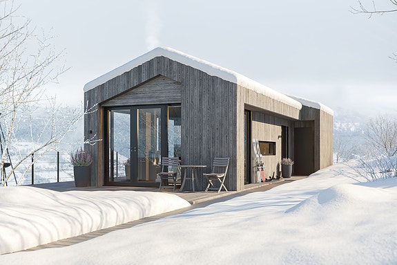 Lekker arkitektur fra Logg, romslig utebod ved inngangen og herlig vestvendt terrasse.