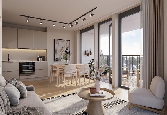 Leiligheten har store vinduer som gir rikelig med naturlig lysinnslipp - det viktige daglyset Lysangen har fokusert på. Illustrasjon av en annen leilighetstype, avvik vil forekomme.