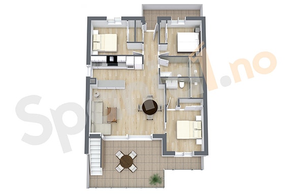 3D plantegning leilighet med 3 soverom