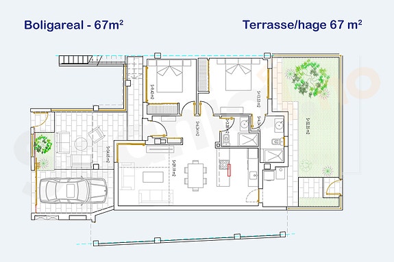 Plantegning leilighet på bakkeplan, 2 sov