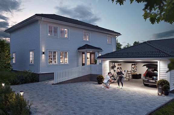 Det er mulighet for å kjøpe dobbelgarasje på 37,3 kvm BRA med avsatt plass til sportsutstyr i bakkant, for kr. 400.000,- i tillegg. Illustrasjon av fasade, Hus B. Tomten leveres grovplanert, hekk og tujaer inngår ikke i standardleveransen.