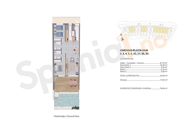 Plantegning av leilighet på bakkeplan med 2 soverom, pris fra 212.000 euro