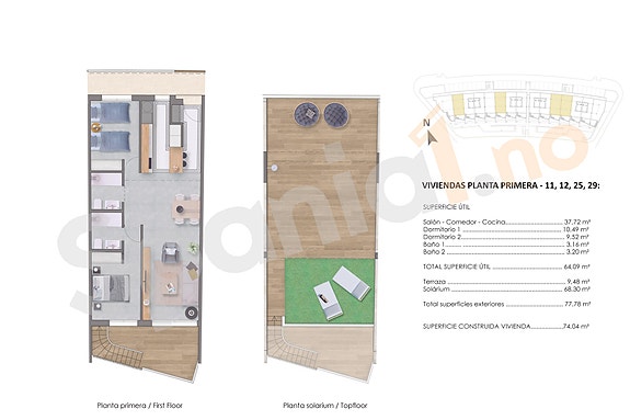 Plantegning av toppleilighet med 2 soverom, pris fra 221.000 euro