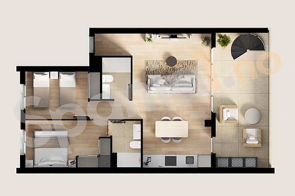 Skisse toppleilighet med 2 soverom