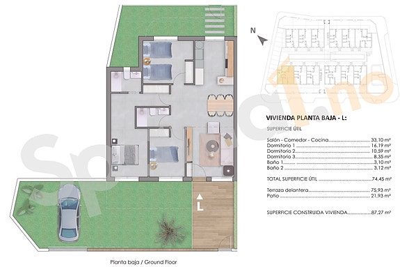 Plantegning leilighet bakkeplan med 3 soverom og 2 bad