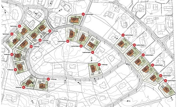 Situasjonsplan og boliger på tomteområdet
