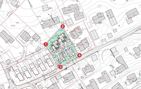 Situasjonsplan som viser plassering av de fire boligene i det tredje byggetrinnet.