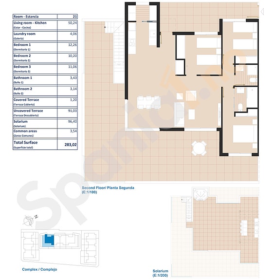 Plantegning Penthouse med 3 soverom og stor terrasse 92m2 og takterrasse 96m2