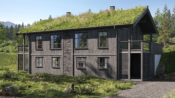 Eksteriørillustrasjon av hytta. Delen til høyre gjelder for denne gitte annonsen. Bildet er et illustrasjonsfoto og resultatet vil kunne fravike fra endelig leveranse.