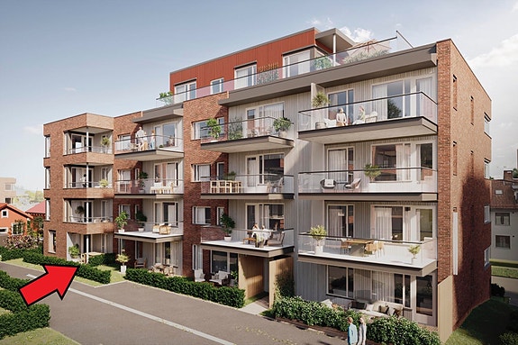 Endeseksjon med terrasse og hageflekk mot nord/vest