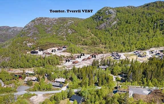 Oversikts bilde av ledige tomter på Tverrli VEST.
NB. Tomt 35 og 39 er solgt.