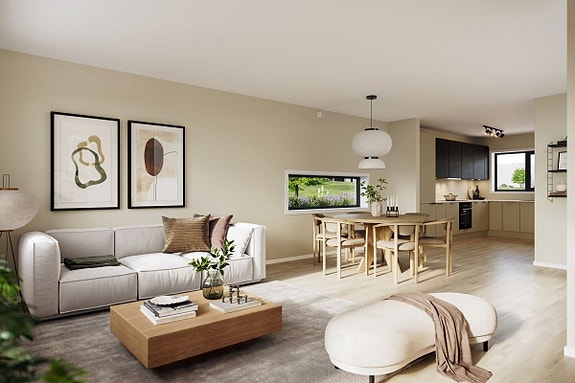 Illustrasjon fra stue/kjøkken Bladfaksveien 85