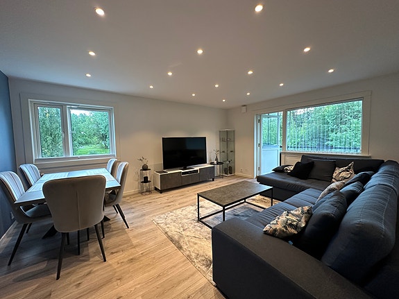 Lys og moderne stue med downlights i himling og utgang til balkong