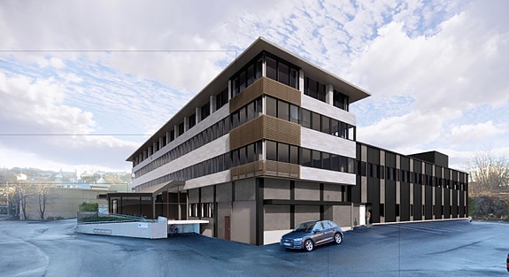 Midtunhaugen 10. Det er utarbeidet et konsept for oppgradering av eiendommens fasade. Det er ledige kontorlokaler i 2. og 4. etg samt lagerlokaler i 1. etg.