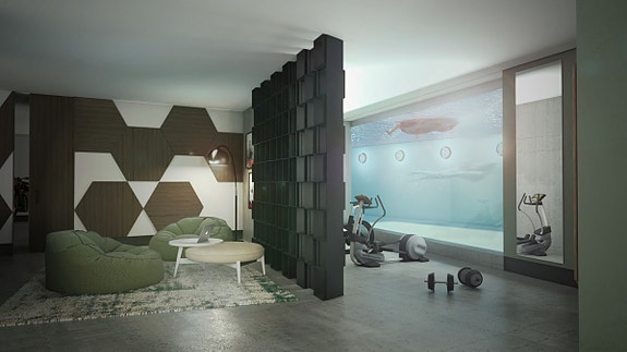 Vindu fra bassenget inn til treningsrommet