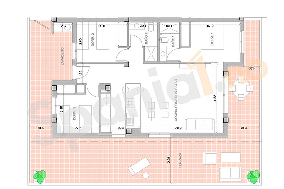 Plantegning hjørneleilighet med 3 soverom, 67m2 terrasse