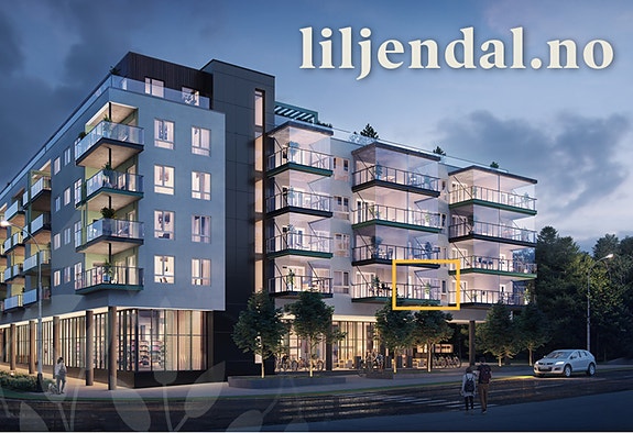 Se markering av leiligheten. Leiligheten får innglasset balkong og det blir næringsareal i 1. etasje. Illustrasjon.