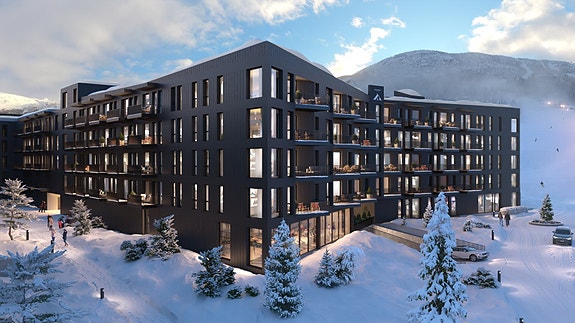 Fjellandsbyen ligger ski inn/ski ut til Hemsedal Skisenter. Leiligheten ligger i 4. etasje, er vestvendt og får fantastisk utsikt mot de mektige fjellene.
