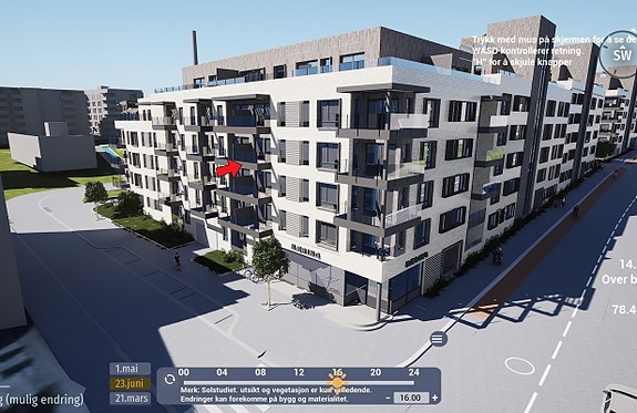 Salg av kontraktsposisjon | Stor 2-roms i byggets 4. etasje med sørvestvendt balkong. Markering av leilighetens beliggenhet. Hentet fra simulator. Avvik kan forekomme.