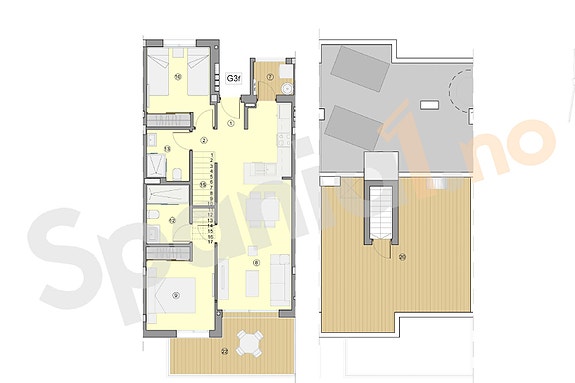 Plantegning leilighet med 2 soverom og 2 bad. 
Takterrasse 43m2
