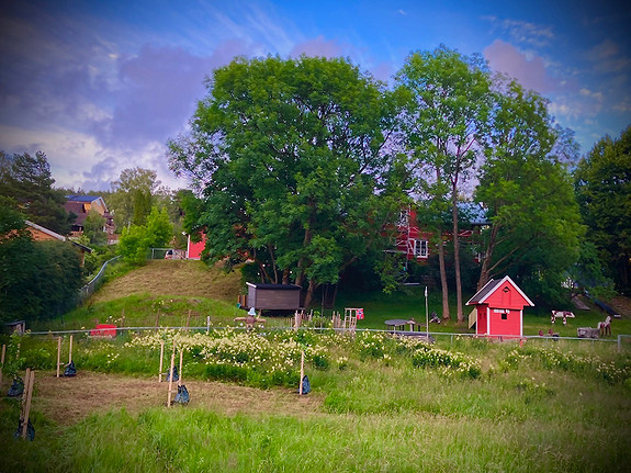 Vi har en stor gammel hage og i tillegg en tomt som nå er blitt en fantastisk lekeplass med eplehage, sykkelbane og sandkasse. Og vi har en vakker nybygd utedo, fordi vi tar leken på alvor og vil bli så lenge i leken som mulig, barn og voksne.