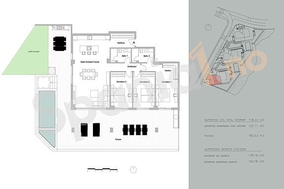 Plantegning leilighet med 3 soverom og egen hage/basseng