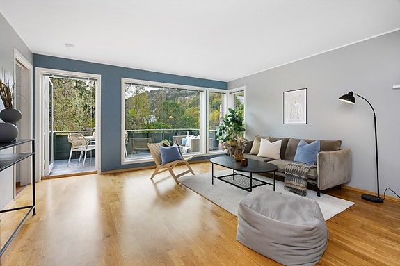 Romslig stue med store vinduer