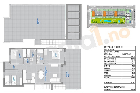 Plantegning toppetasje med takterrasse - 3 soverom og 2 bad