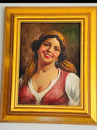 Pen original maleri  portrett av en kvinne i flammer  signert