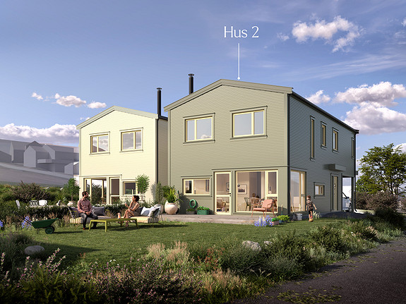 Hus 2 er boligen til høyre på illustrasjonen mot øst. Syd vent hage og terrasse.
