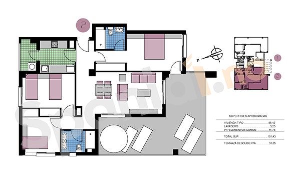 Plantegning toppleilighet med 3 soverom, terrasse 35 m2