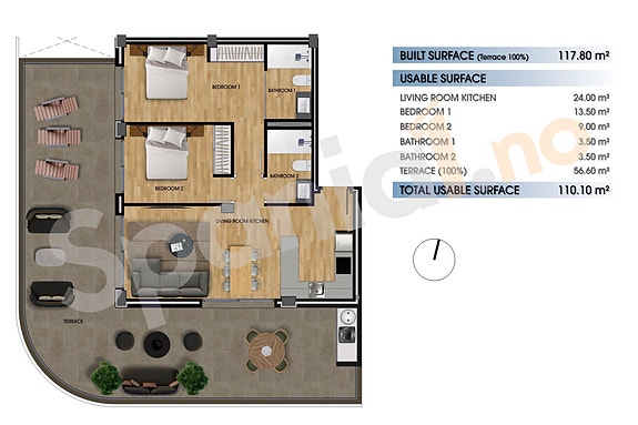 Plantegning  - sørvestvendt beliggenhet